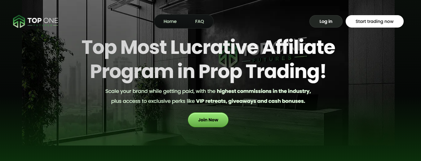 Top One Futures Affiliate Program dashboard showing high commission rates for crypto partners.