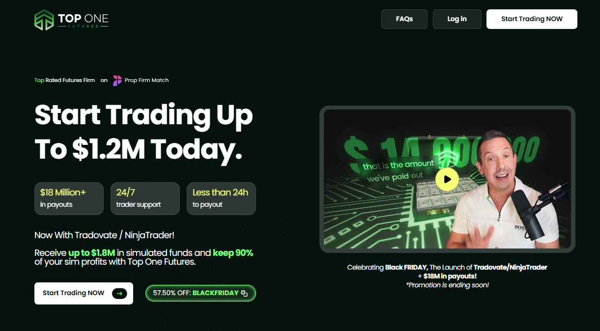 Top One Futures dashboard overview showing trading charts and account balance